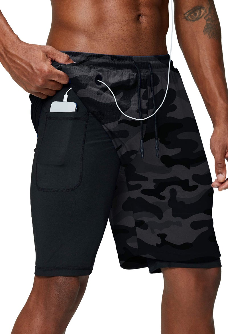 Pinkbomb Men's 2 in 1 Running Shorts Gym Workout Quick Dry Mens Shorts with Phone Pocket (Grey Camo, X-Large - Image 1